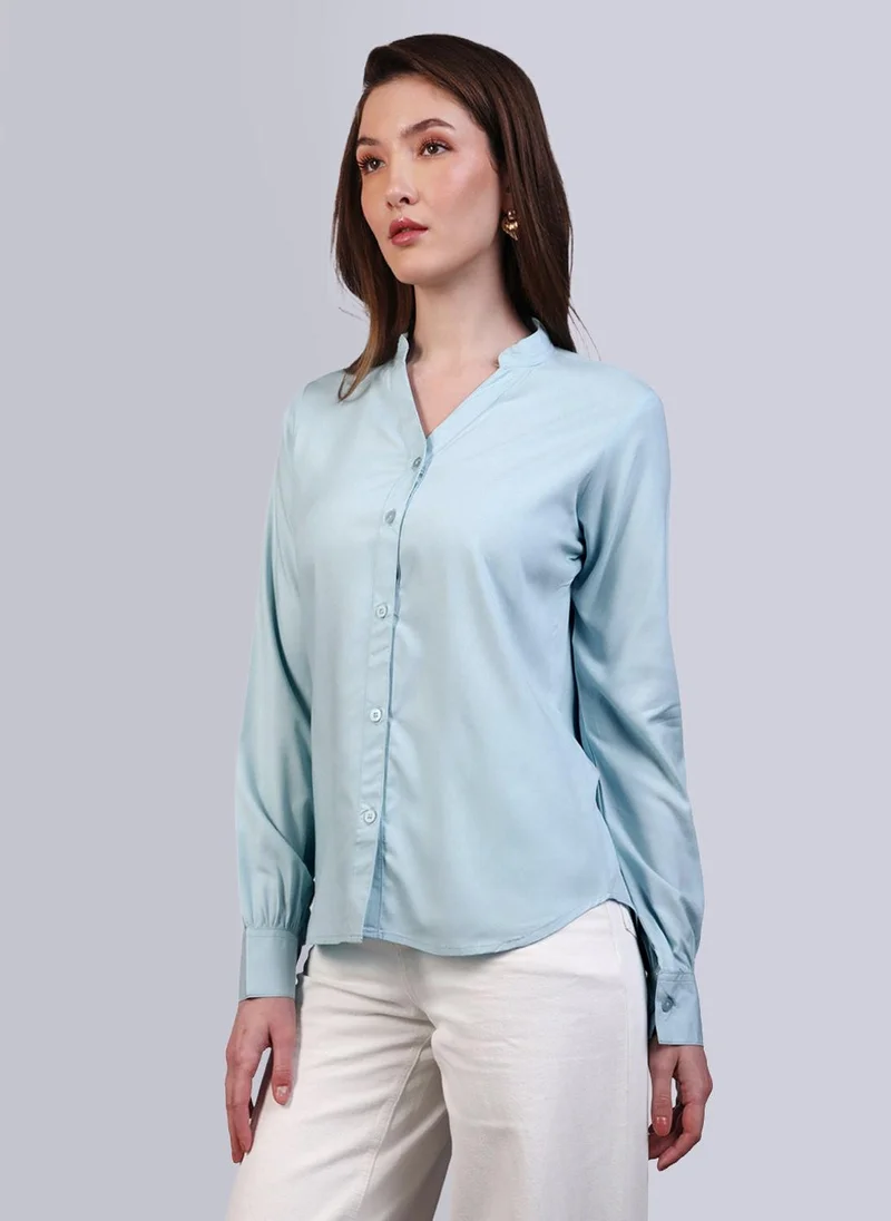 Urbano Fashion  Urbano Fashion Women's Light Sky Blue Modal Viscose Full Sleeve Regular Fit Casual Solid Shirt with Mandarin Collar for Women | Best Price UAE